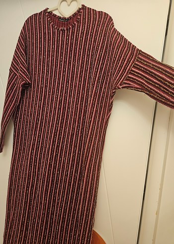 Bordo Çizgili Uzun  Elbise - Görsel 3