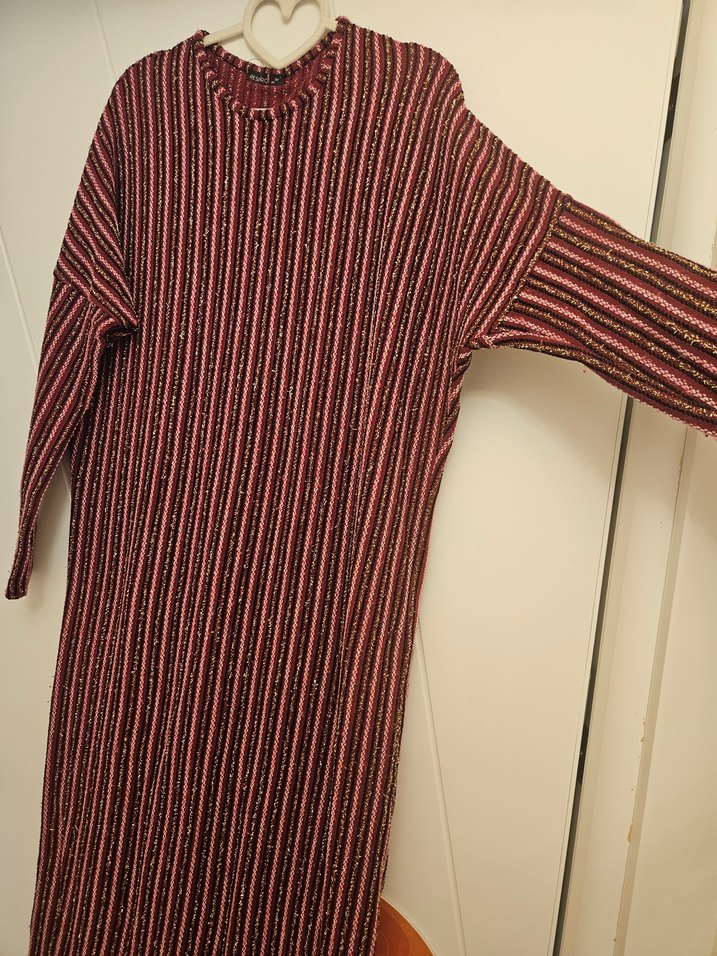 Bordo Çizgili Uzun  Elbise - Görsel 3