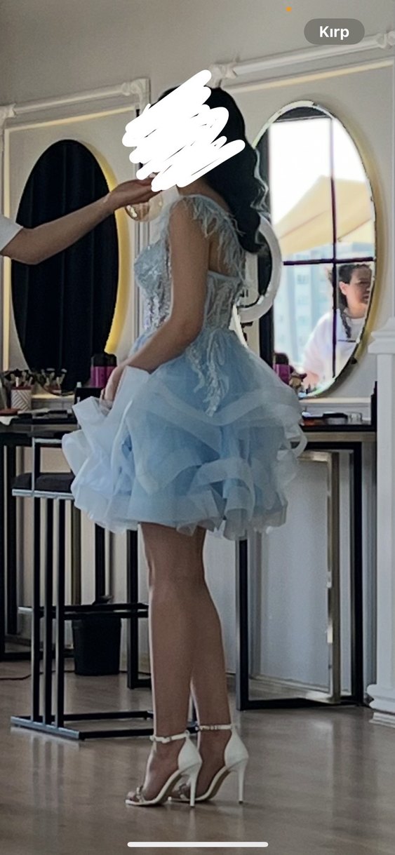 Boncuk İşlemeli Straplez Mini Mavi Abiye Elbise - Görsel 4