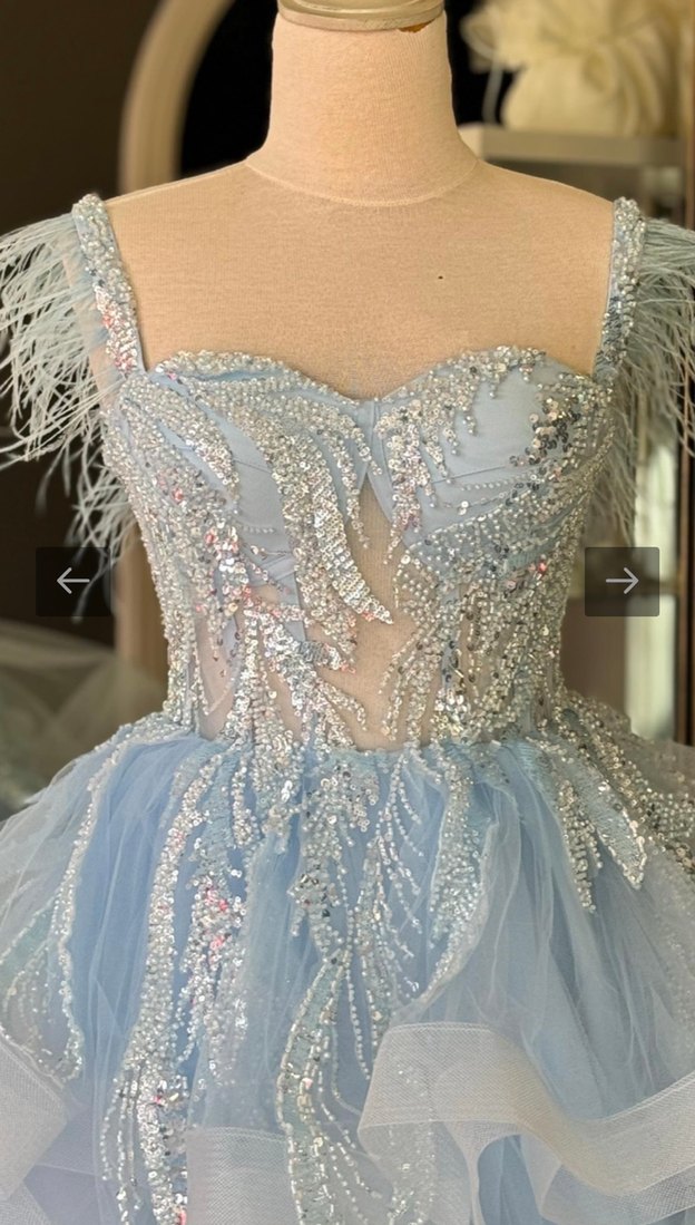 Boncuk İşlemeli Straplez Mini Mavi Abiye Elbise - Görsel 3