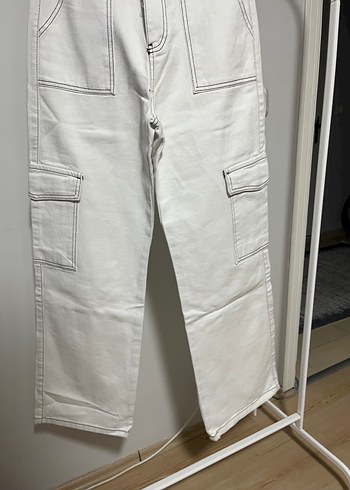 Beyaz Kadın Denim Pantolon bol paça - Görsel 2