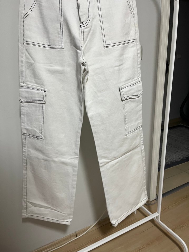 Beyaz Kadın Denim Pantolon bol paça - Görsel 2