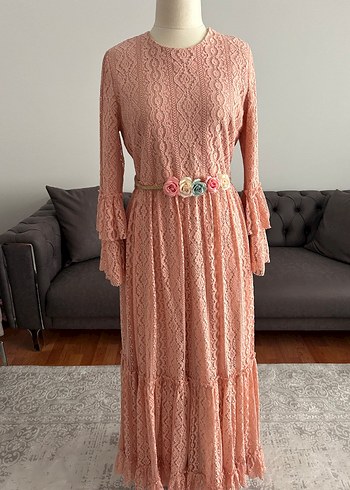 Pembe Dantel Detaylı Uzun Bohem Elbise