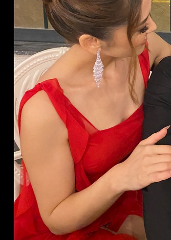 Kırmızı Drapeli Uzun Abiye Elbise