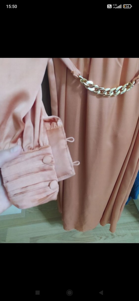 Uzun Kollu, Kemerli Bej Kadın Elbise - Görsel 4