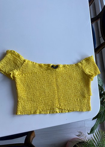 Sarı Kısa Kollu Örme Pamuk Bluz