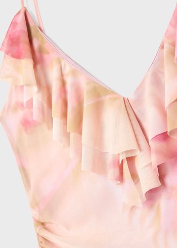 Pembe Midi Bohem Fırfırlı Elbise - Görsel 3