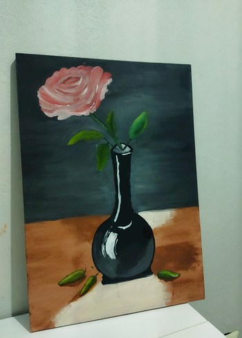 Siyah Vazo ve Pembe Gül Yağlı Boya Tablo el yapımı