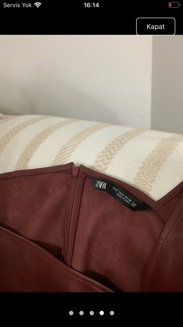 Bordo Deri Midi Drapeli V Yaka Elbise - Görsel 3