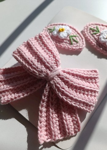 papatyalı pembe örgü toka seti - Görsel 3