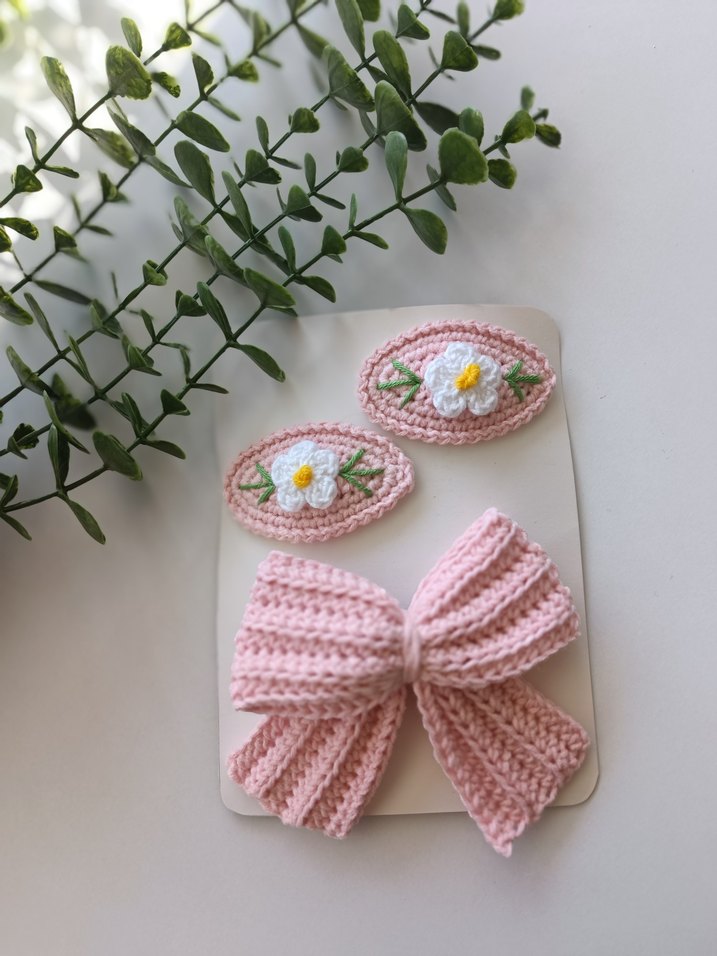 papatyalı pembe örgü toka seti - Görsel 2