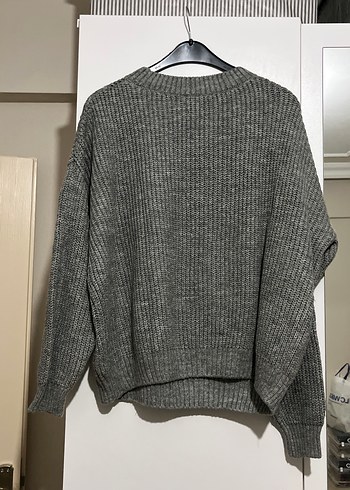 Gri Kadın Triko Kazak, Bisiklet Yaka, Rahat Kesim - Görsel 2