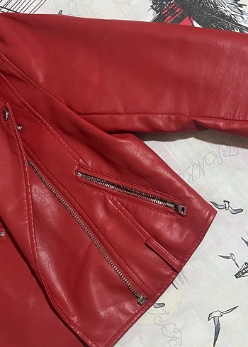 Kırmızı Deri Biker Ceket - Görsel 2