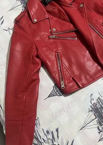 Kırmızı Deri Biker Ceket - Görsel 3