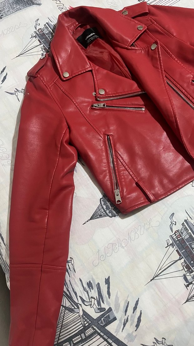 Kırmızı Deri Biker Ceket - Görsel 3