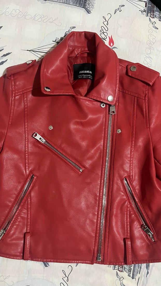 Kırmızı Deri Biker Ceket - Görsel 5