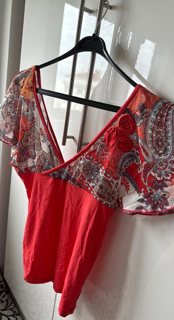 Şifon Detaylı bohem V Yaka mercan renkli Bluz - Görsel 5