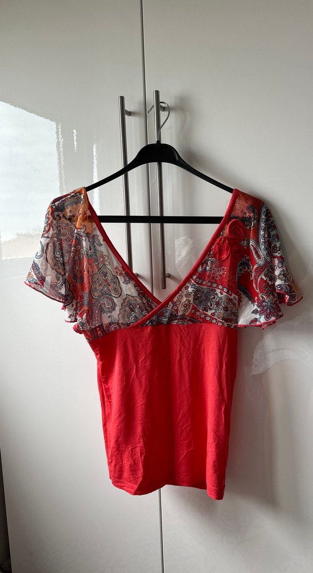 Şifon Detaylı bohem V Yaka mercan renkli Bluz - Görsel 4