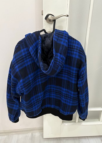 Kapüşonlu Mavi Ekose Kadın Ceket - Görsel 2