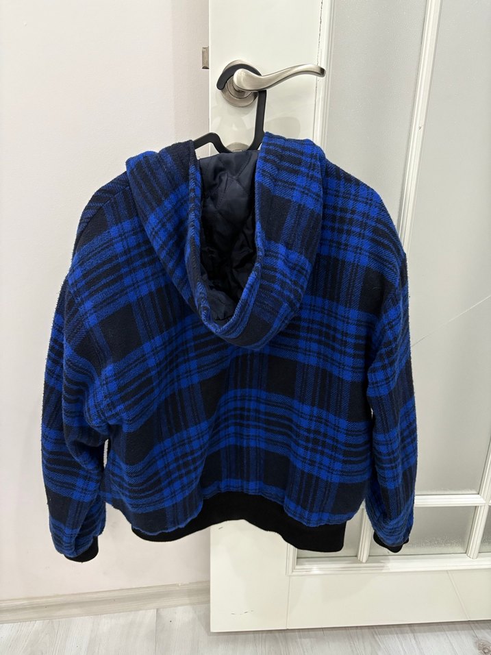 Kapüşonlu Mavi Ekose Kadın Ceket - Görsel 2