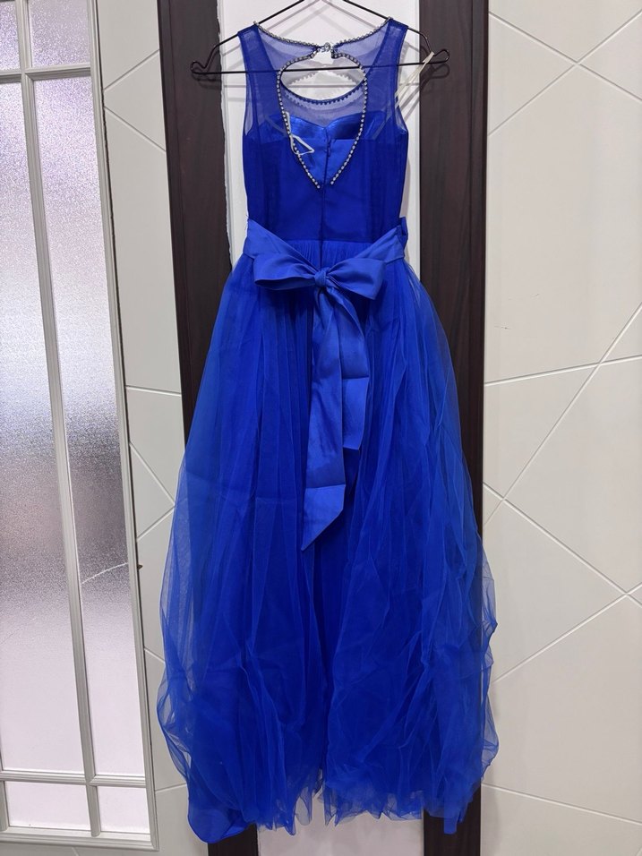 Mavi Tül Kemerli Kız Çocuk Elbisesi Abiye - Görsel 2