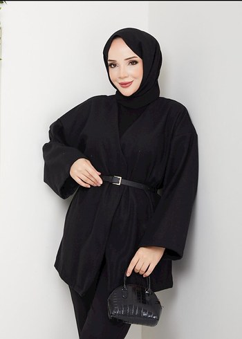 Kemerli Siyah Midi Kimono