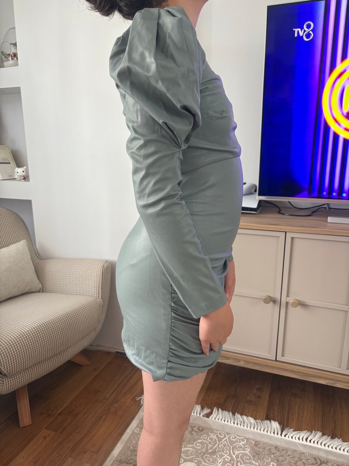 Gri Deri Midi Elbise - Görsel 2