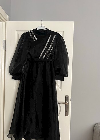 Abiye Nakışlı Siyah Uzun Gotik Elbise
