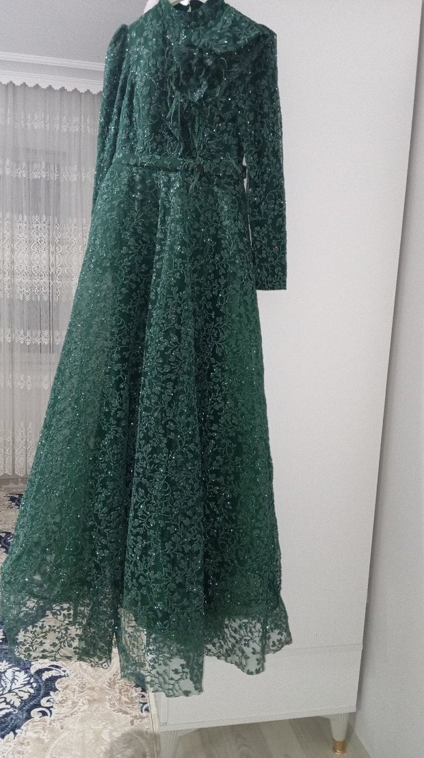 Yeşil İşlemeli Uzun Bohem Kadın Elbise - Görsel 3