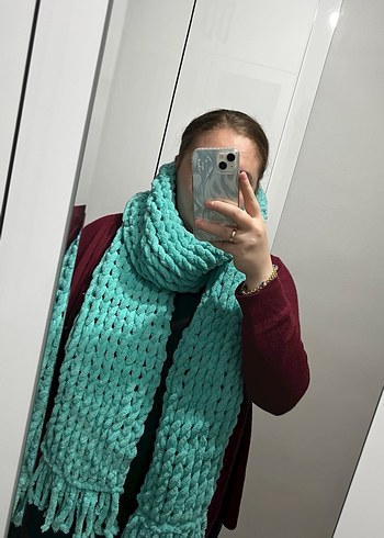 Turkuaz Puffy Örgü Kadın Atkı Şal - Görsel 5
