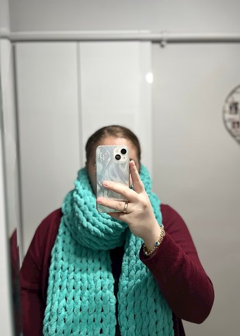 Turkuaz Puffy Örgü Kadın Atkı Şal - Görsel 3