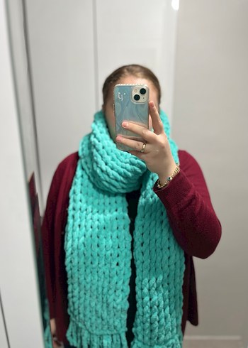 Turkuaz Puffy Örgü Kadın Atkı Şal - Görsel 2