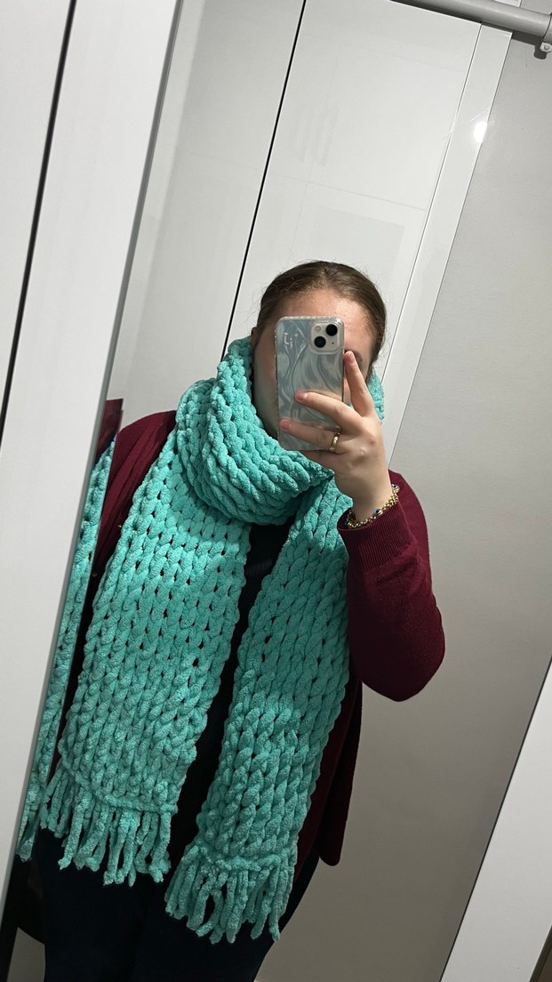 Turkuaz Puffy Örgü Kadın Atkı Şal - Görsel 5