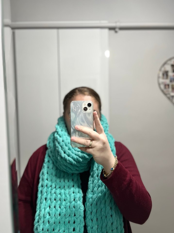 Turkuaz Puffy Örgü Kadın Atkı Şal - Görsel 3