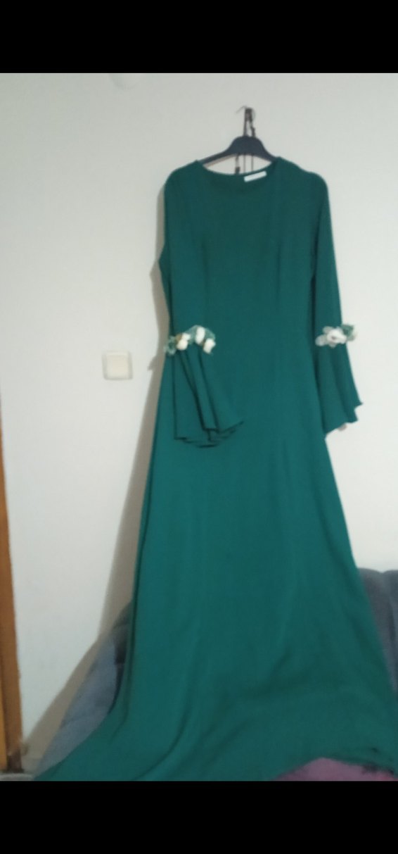 Yeşil Nakışlı Uzun Kollu Kadın Elbise - Görsel 2