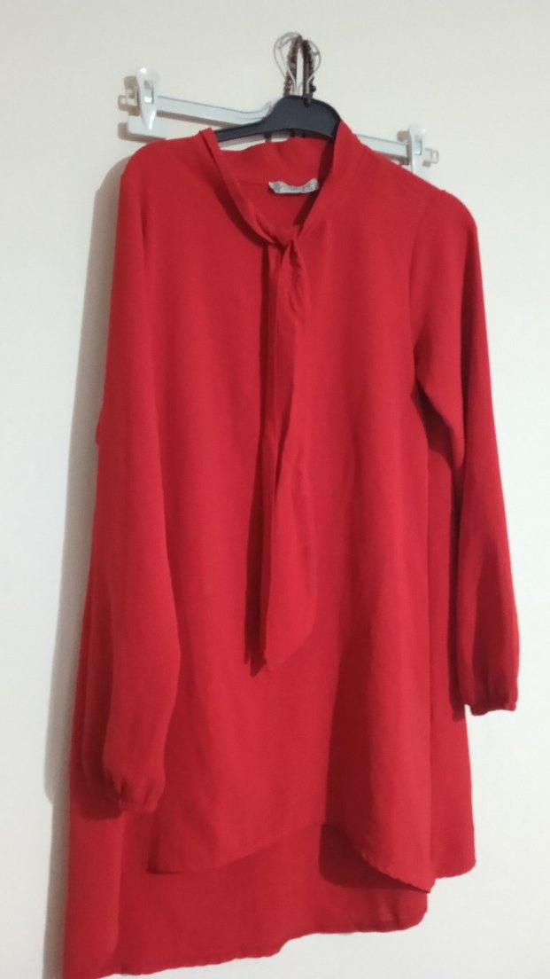 Uzun Kollu Kırmızı Salaş Kadın Tunik - Görsel 2