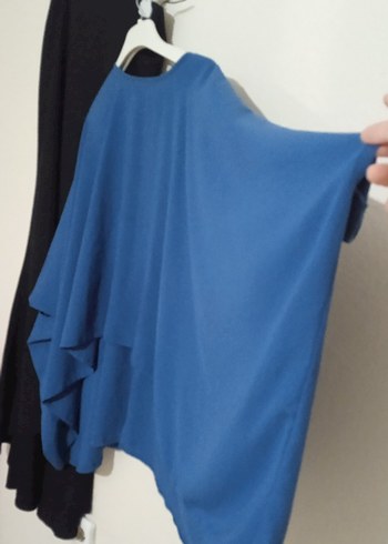 Kadın Mavi Drapeli takım balık etek yarasa kol gömlek - Görsel 7