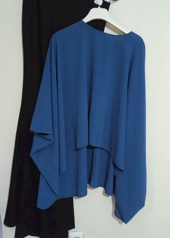 Kadın Mavi Drapeli takım balık etek yarasa kol gömlek - Görsel 6