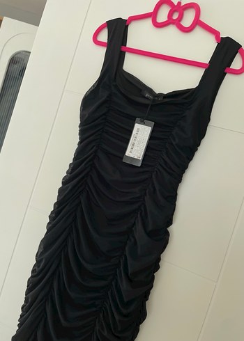 Uzun Siyah Drapeli Strappy Kadın Elbise