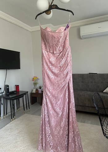 Pembe Drapeli Uzun Abiye Elbise
