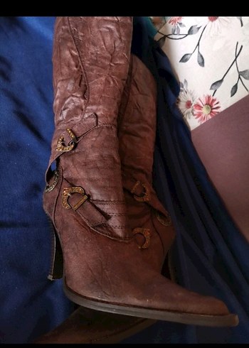 Kahverengi Deri Tokalı Diz Boyu Kovboy çizme. VALENTİNESANCHEZ - Görsel 2