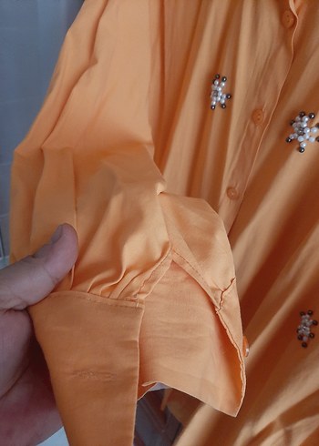 Turuncu Nakışlı Düğmeli Kadın Gömlek - Görsel 5