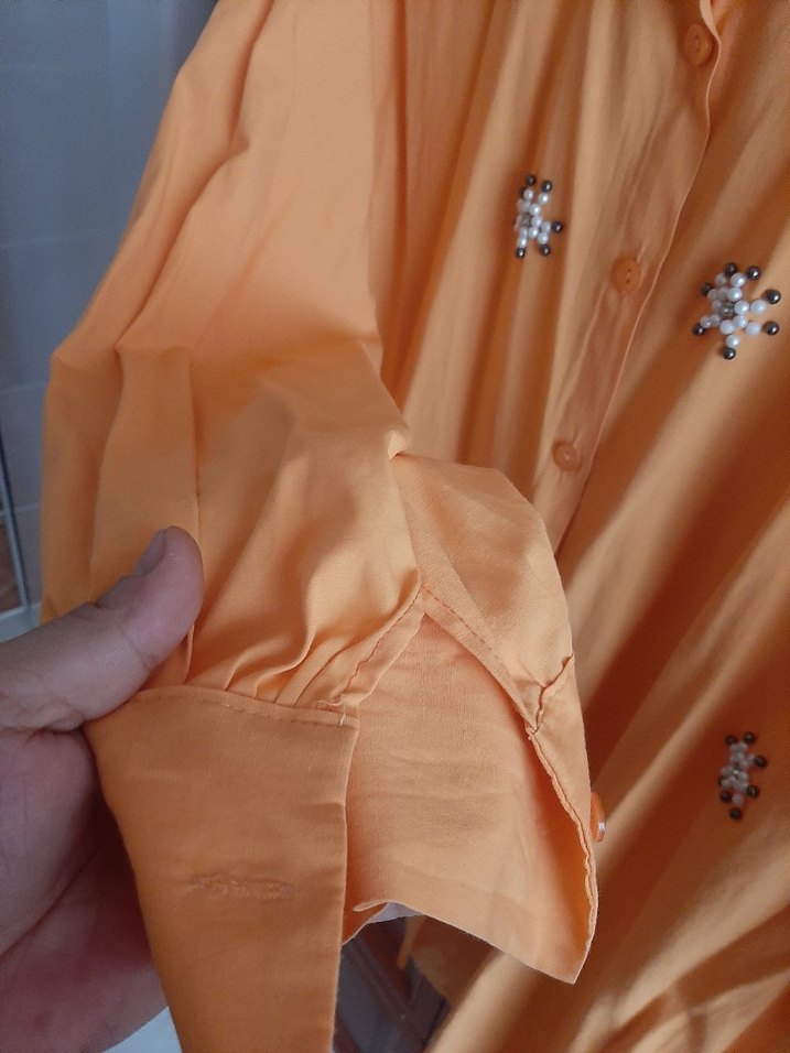 Turuncu Nakışlı Düğmeli Kadın Gömlek - Görsel 5