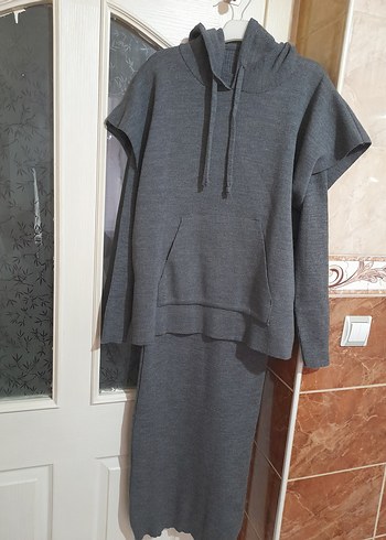 Gri Kadın Uzun ikili elbise üstü suveter içi boydan uzun elbise - Görsel 3