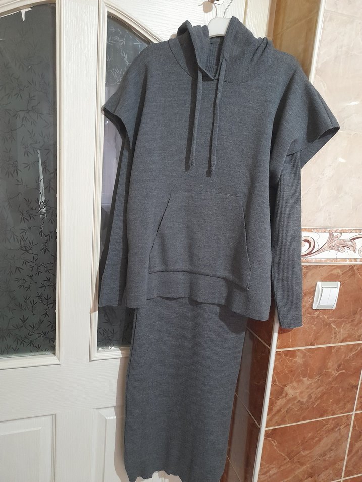 Gri Kadın Uzun ikili elbise üstü suveter içi boydan uzun elbise - Görsel 3