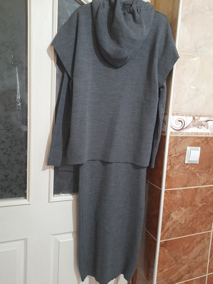 Gri Kadın Uzun ikili elbise üstü suveter içi boydan uzun elbise - Görsel 4