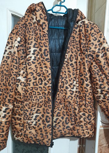 leopar detaylı cift tarafli giyilebilir Kapüşonlu Kadın Ceket - Görsel 5