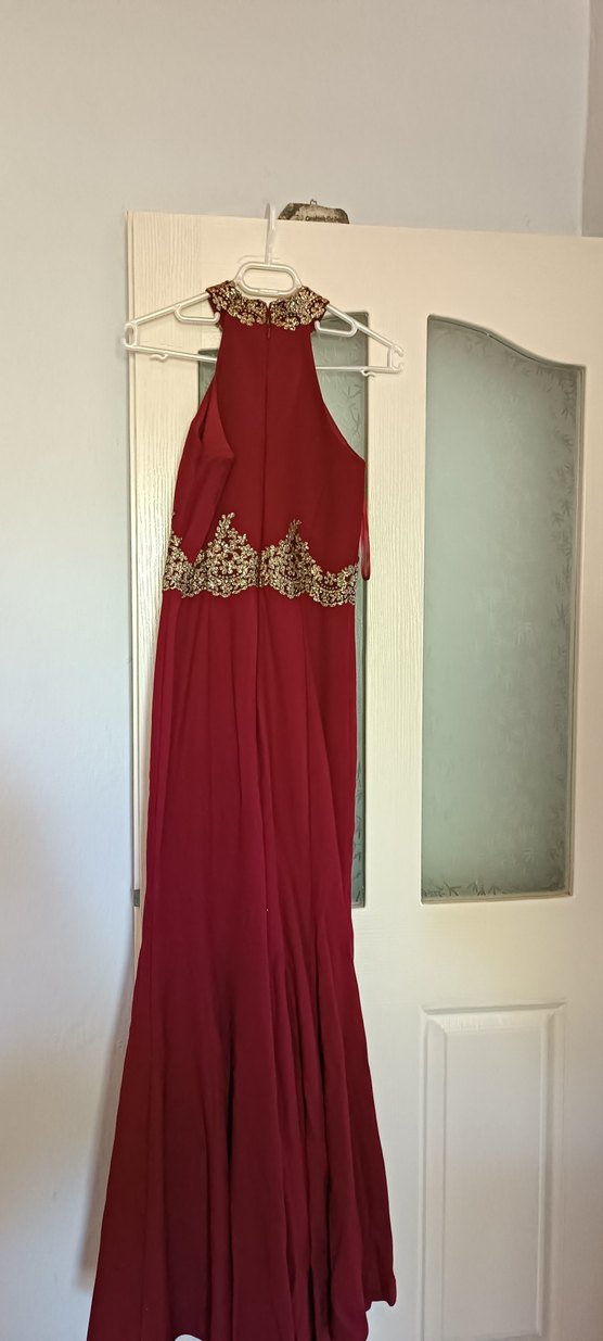 Bordo İşlemeli Drapeli Uzun Abiye Elbise - Görsel 2