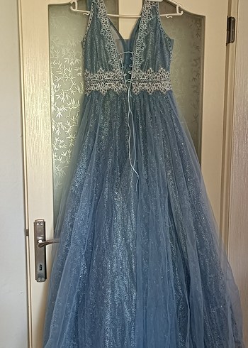 Boncuk İşlemeli V Yaka Uzun Mavi Nişan Elbisesi - Görsel 2