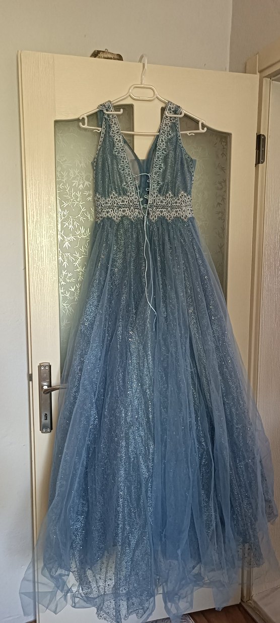 Boncuk İşlemeli V Yaka Uzun Mavi Nişan Elbisesi - Görsel 2